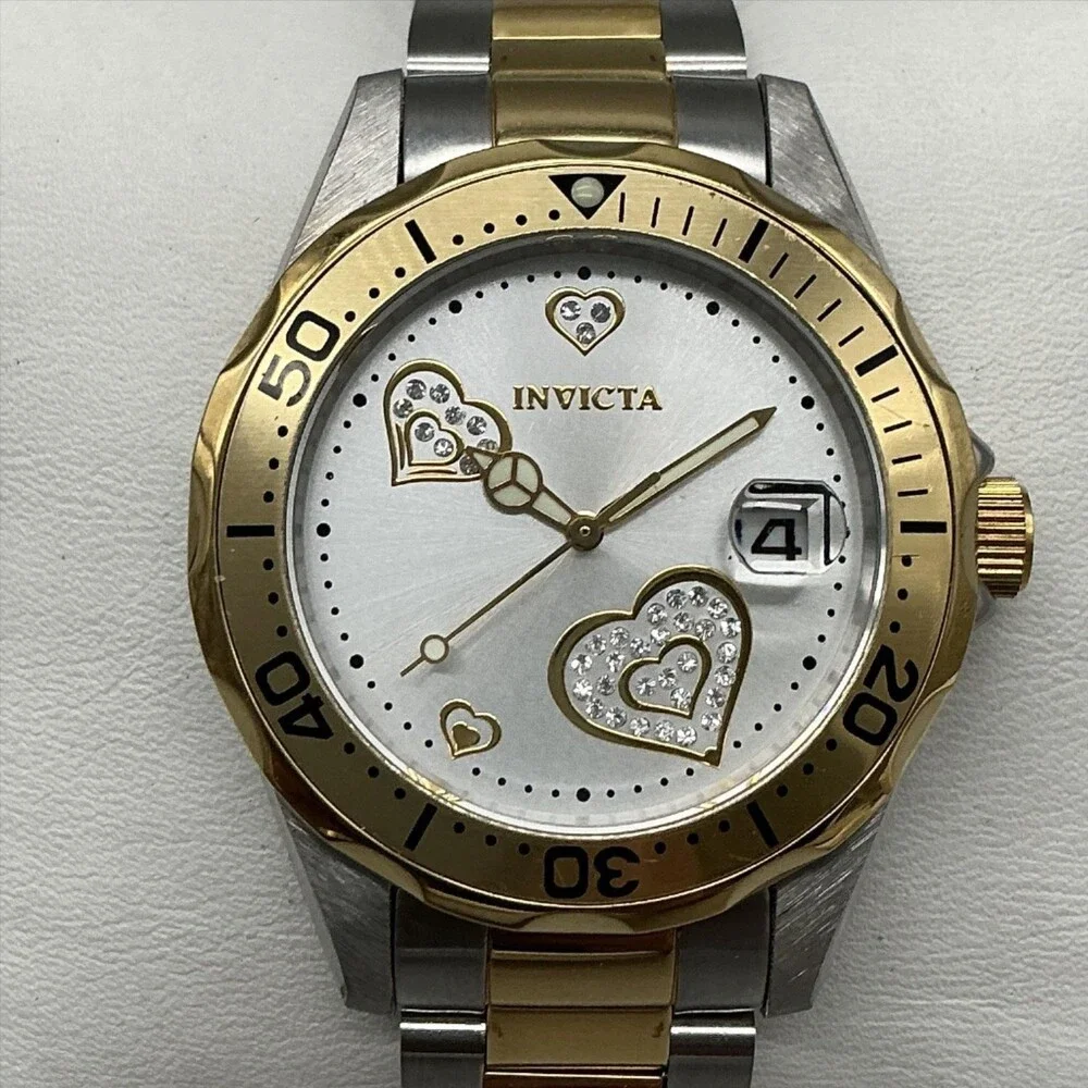 Invicta 12787 Womens Watch 38mm White Heart Dial Two Tone Date New Battery 8